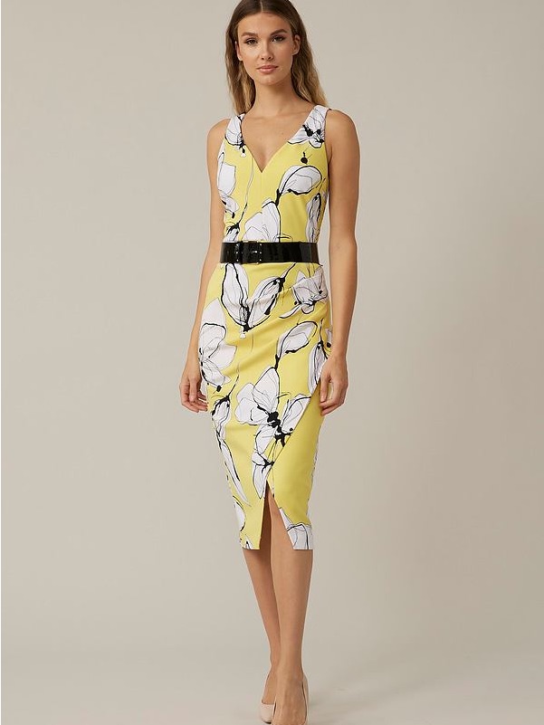 Joseph Ribkoff Yellow Floral V-Neck Midi Dress With Black Belt